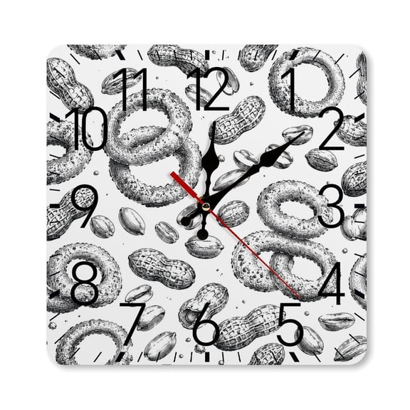 RKSupls 10×10inch Square Silent Wall Clock Wooden Frame, Pretzel Peanut Snack Pattern Scale Decorative Clock for Home Bedroom Living Room Office