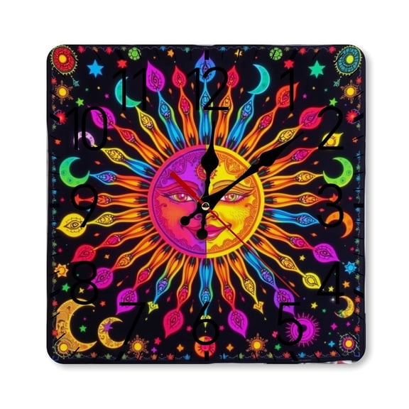 RKSupls 10×10inch Square Silent Wall Clock Wooden Frame, Psychedelic Sun Art Scale Decorative Clock for Home Bedroom Living Room Office