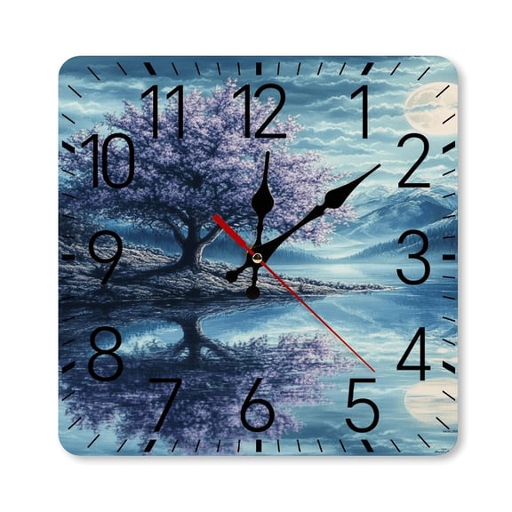 RKSupls 10×10inch Square Silent Wall Clock Wooden Frame, Purple Tree Moonlight Lake Scale Decorative Clock for Home Bedroom Living Room Office