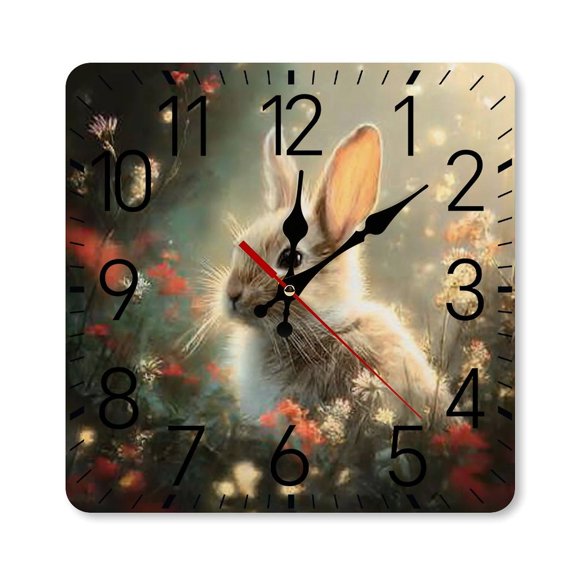 RKSupls 10×10inch Square Silent Wall Clock Wooden Frame, Rabbit Flowers Light Scale Decorative Clock for Home Bedroom Living Room Office