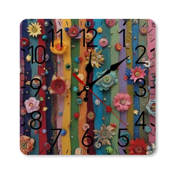 RKSupls 10×10inch Square Silent Wall Clock Wooden Frame, Rainbow Flower Stripes Scale Decorative Clock for Home Bedroom Living Room Office
