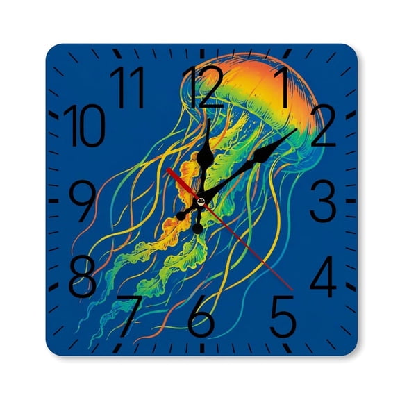 RKSupls 10×10inch Square Silent Wall Clock Wooden Frame, Rainbow Jellyfish Navy Illustration Scale Decorative Clock for Home Bedroom Living Room Office