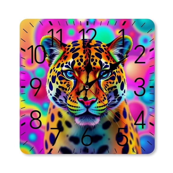 RKSupls 10×10inch Square Silent Wall Clock Wooden Frame, Rainbow Leopard Portrait Art Scale Decorative Clock for Home Bedroom Living Room Office