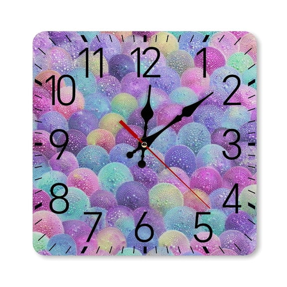 RKSupls 10×10inch Square Silent Wall Clock Wooden Frame, Rainbow Scales Pattern Glitter Scale Decorative Clock for Home Bedroom Living Room Office
