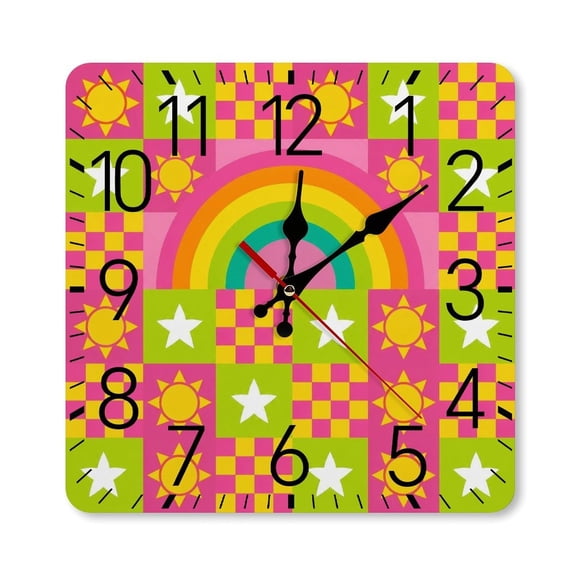 RKSupls 10×10inch Square Silent Wall Clock Wooden Frame, Rainbow Star Checkered Pattern Scale Decorative Clock for Home Bedroom Living Room Office