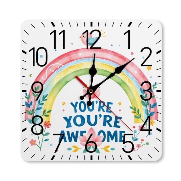 RKSupls 10×10inch Square Silent Wall Clock Wooden Frame, Rainbow Youre Awesome Scale Decorative Clock for Home Bedroom Living Room Office