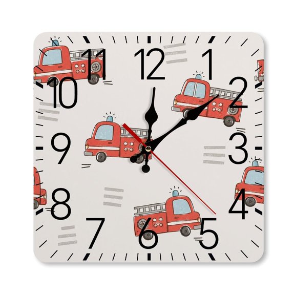 RKSupls 1010inch Square Silent Wall Clock Wooden Frame, Red Fire Truck Cartoon Pattern Scale Decorative Clock for Home Bedroom Living Room Office