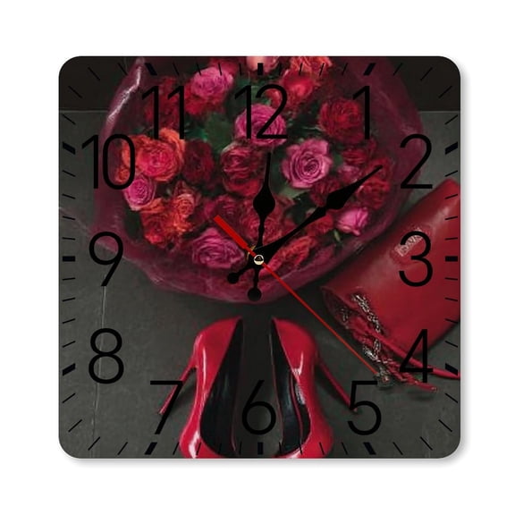 RKSupls 10×10inch Square Silent Wall Clock Wooden Frame, Red Roses Bouquet Heels Fashion Scale Decorative Clock for Home Bedroom Living Room Office