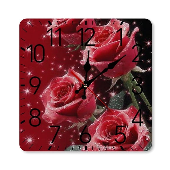 RKSupls 10×10inch Square Silent Wall Clock Wooden Frame, Red Roses Sparkle Romantic Scale Decorative Clock for Home Bedroom Living Room Office
