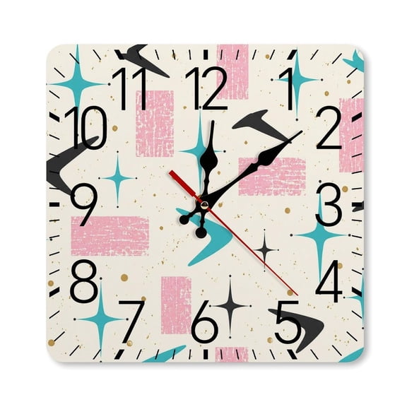 RKSupls 1010inch Square Silent Wall Clock Wooden Frame, Retro Atomic Starburst Scale Decorative Clock for Home Bedroom Living Room Office