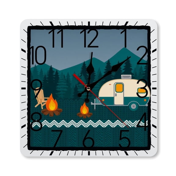 RKSupls 10×10inch Square Silent Wall Clock Wooden Frame, Retro Camper Campfire Scale Decorative Clock for Home Bedroom Living Room Office