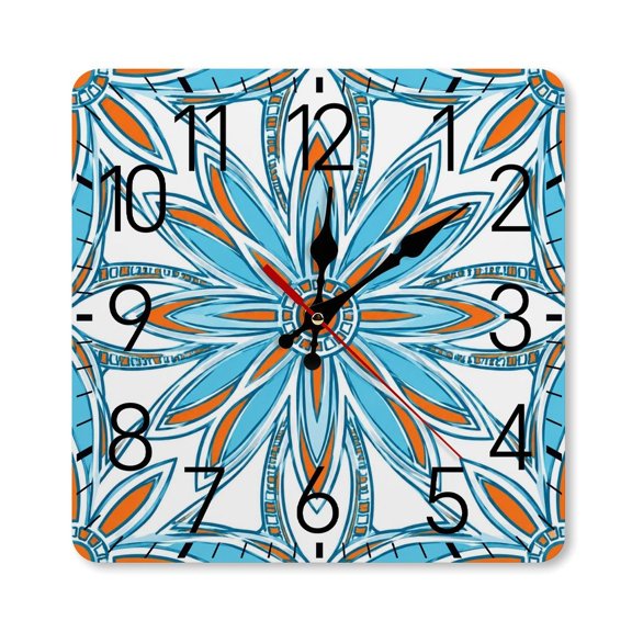 RKSupls 10×10inch Square Silent Wall Clock Wooden Frame, Retro Mandala Flower Scale Decorative Clock for Home Bedroom Living Room Office