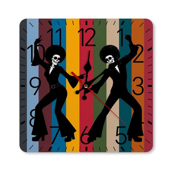 RKSupls 1010inch Square Silent Wall Clock Wooden Frame, Retro Skeleton Couple Dancing Disco Scale Decorative Clock for Home Bedroom Living Room Office