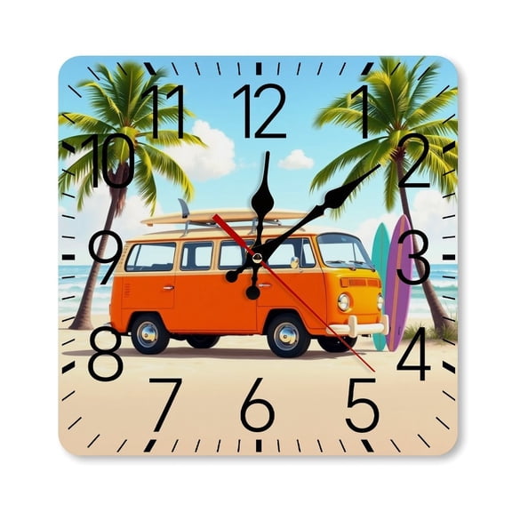 RKSupls 10×10inch Square Silent Wall Clock Wooden Frame, Retro Van Beach Surf Scale Decorative Clock for Home Bedroom Living Room Office