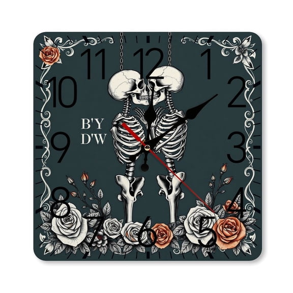 RKSupls 10×10inch Square Silent Wall Clock Wooden Frame, Romantic Skeleton Roses Scale Decorative Clock for Home Bedroom Living Room Office