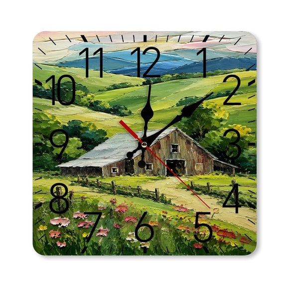 RKSupls 1010inch Square Silent Wall Clock Wooden Frame, Rustic Barn Rolling Hills Scale Decorative Clock for Home Bedroom Living Room Office