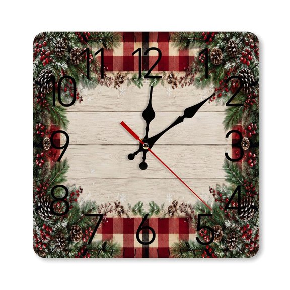 RKSupls 1010inch Square Silent Wall Clock Wooden Frame, Rustic Buffalo Plaid Pine Cone Scale Decorative Clock for Home Bedroom Living Room Office