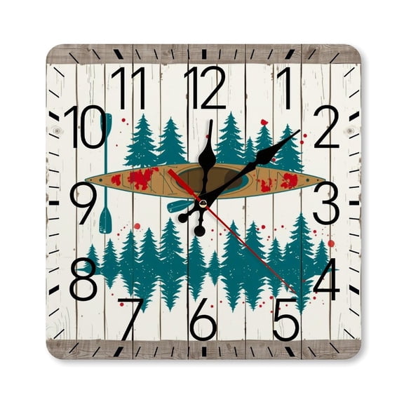 RKSupls 1010inch Square Silent Wall Clock Wooden Frame, Rustic Canoe Pine Forest Scale Decorative Clock for Home Bedroom Living Room Office
