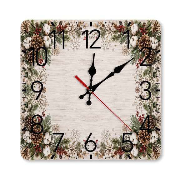 RKSupls 1010inch Square Silent Wall Clock Wooden Frame, Rustic Winter Cotton Pine Cone Scale Decorative Clock for Home Bedroom Living Room Office