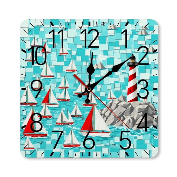 RKSupls 10×10inch Square Silent Wall Clock Wooden Frame, Sailboats Lighthouse Ocean Scale Decorative Clock for Home Bedroom Living Room Office