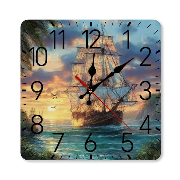 RKSupls 10×10inch Square Silent Wall Clock Wooden Frame, Sailing Ship Sunset Scale Decorative Clock for Home Bedroom Living Room Office