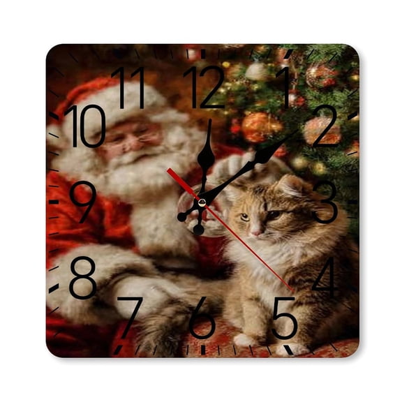 RKSupls 10×10inch Square Silent Wall Clock Wooden Frame, Santa Cat Christmas Scale Decorative Clock for Home Bedroom Living Room Office