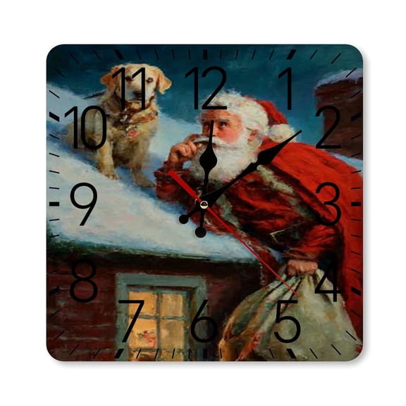 RKSupls 10×10inch Square Silent Wall Clock Wooden Frame, Santa Dog Roof Scale Decorative Clock for Home Bedroom Living Room Office