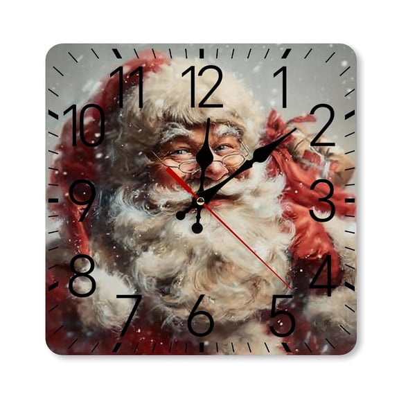 RKSupls 10×10inch Square Silent Wall Clock Wooden Frame, Santa Portrait Snow Scale Decorative Clock for Home Bedroom Living Room Office