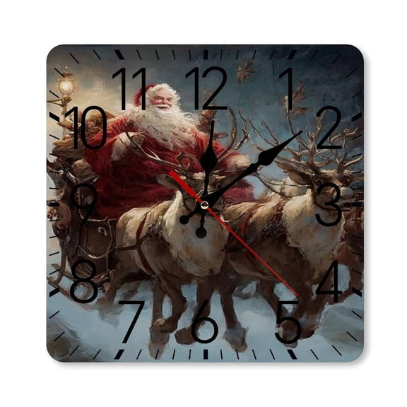 RKSupls 10×10inch Square Silent Wall Clock Wooden Frame, Santa Reindeer Sleigh Ride Scale Decorative Clock for Home Bedroom Living Room Office