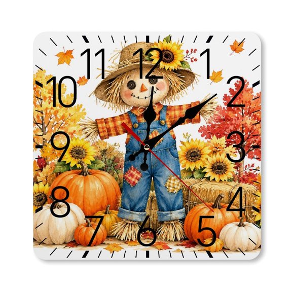 RKSupls 1010inch Square Silent Wall Clock Wooden Frame, Scarecrow Pumpkins Sunflowers Hay Bale Scale Decorative Clock for Home Bedroom Living Room Office