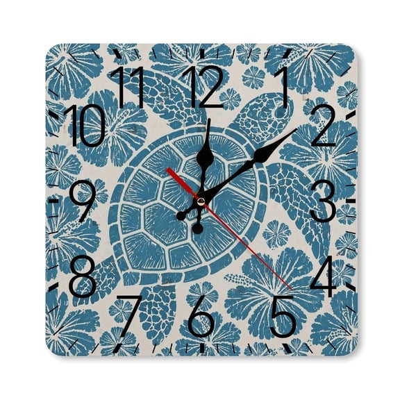 RKSupls 10×10inch Square Silent Wall Clock Wooden Frame, Sea Turtle Flower Scale Decorative Clock for Home Bedroom Living Room Office