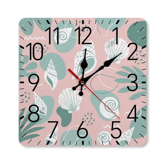 RKSupls 10×10inch Square Silent Wall Clock Wooden Frame, Seashell Abstract Pattern Scale Decorative Clock for Home Bedroom Living Room Office