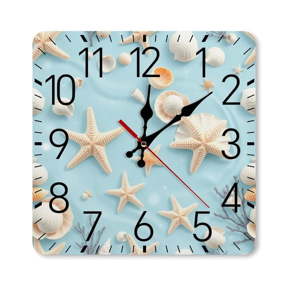 RKSupls 10×10inch Square Silent Wall Clock Wooden Frame, Seashell Starfish Beach Scale Decorative Clock for Home Bedroom Living Room Office