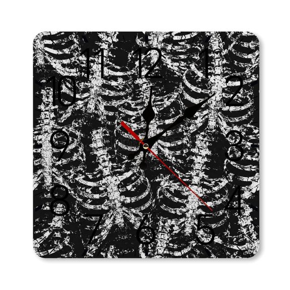RKSupls 1010inch Square Silent Wall Clock Wooden Frame, Skeleton Ribcage Grunge Dark Pattern Scale Decorative Clock for Home Bedroom Living Room Office