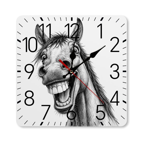 RKSupls 1010inch Square Silent Wall Clock Wooden Frame, Sketch Horse Laughing Mouth Scale Decorative Clock for Home Bedroom Living Room Office