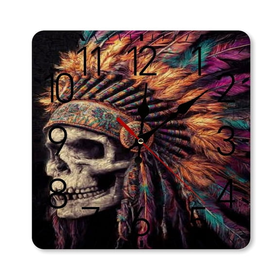 RKSupls 10×10inch Square Silent Wall Clock Wooden Frame, Skull Feather Headdress Scale Decorative Clock for Home Bedroom Living Room Office