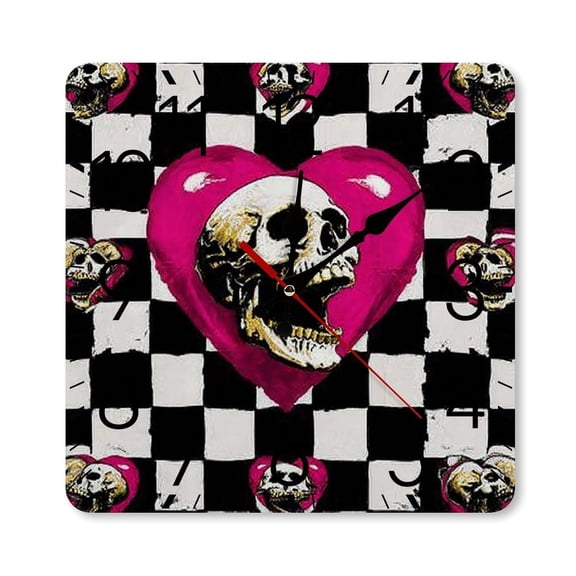 RKSupls 10×10inch Square Silent Wall Clock Wooden Frame, Skull Heart Checkered Scale Decorative Clock for Home Bedroom Living Room Office