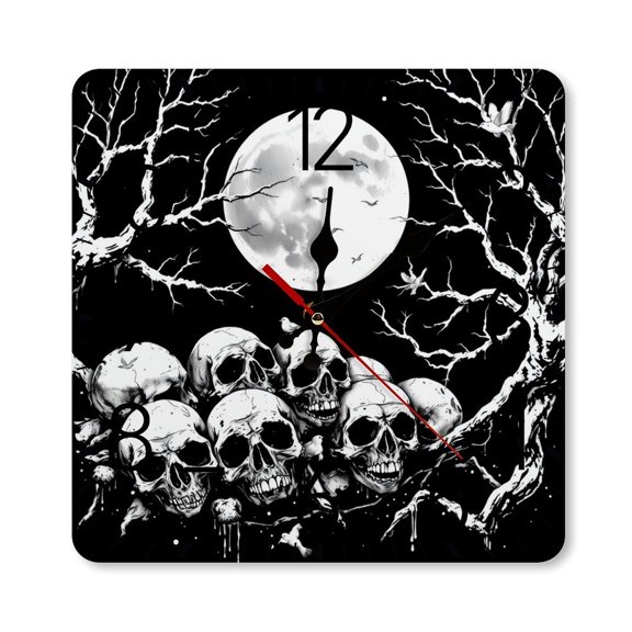 RKSupls 1010inch Square Silent Wall Clock Wooden Frame, Skull Moon Dark Art Scale Decorative Clock for Home Bedroom Living Room Office