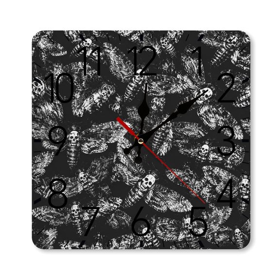 RKSupls 1010inch Square Silent Wall Clock Wooden Frame, Skull Moth Grunge Dark Pattern Scale Decorative Clock for Home Bedroom Living Room Office