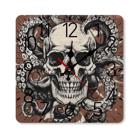 RKSupls 1010inch Square Silent Wall Clock Wooden Frame, Skull Octopus Tentacles Scale Decorative Clock for Home Bedroom Living Room Office