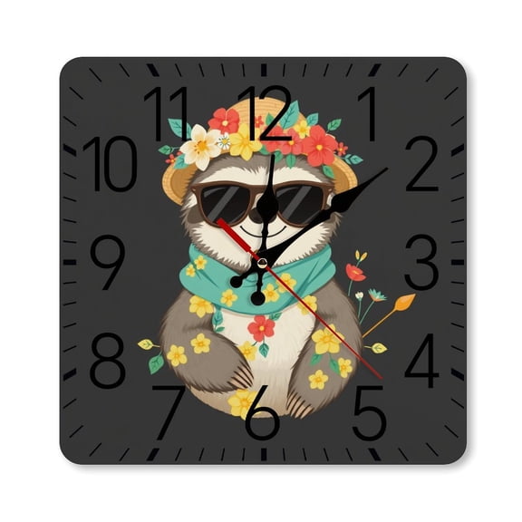 RKSupls 10×10inch Square Silent Wall Clock Wooden Frame, Sloth Flower Cool Scale Decorative Clock for Home Bedroom Living Room Office