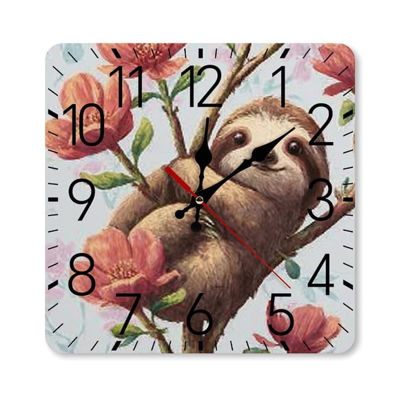 RKSupls 10×10inch Square Silent Wall Clock Wooden Frame, Sloth Flower Cute Scale Decorative Clock for Home Bedroom Living Room Office