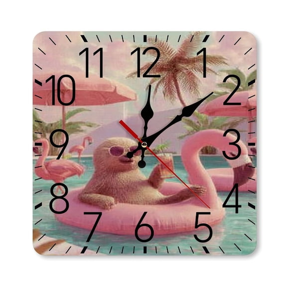 RKSupls 10×10inch Square Silent Wall Clock Wooden Frame, Sloth Pool Flamingo Scale Decorative Clock for Home Bedroom Living Room Office