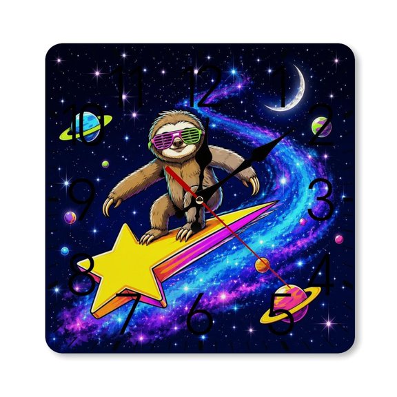RKSupls 1010inch Square Silent Wall Clock Wooden Frame, Sloth Surfing on Star in Galaxy Neon Space Art Scale Decorative Clock for Home Bedroom Living Room Office