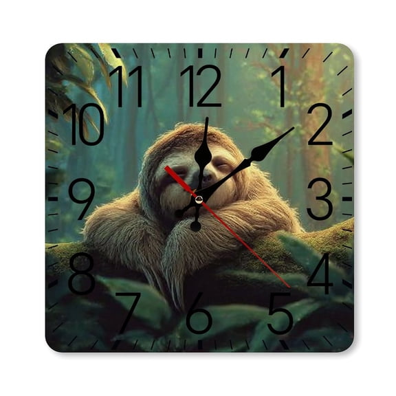 RKSupls 10×10inch Square Silent Wall Clock Wooden Frame, Sloth Tree Forest Scale Decorative Clock for Home Bedroom Living Room Office