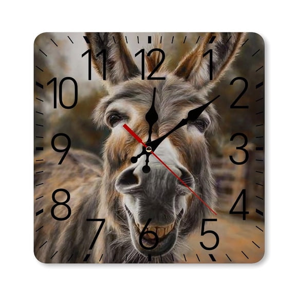 RKSupls 10×10inch Square Silent Wall Clock Wooden Frame, Smiling Donkey Portrait Scale Decorative Clock for Home Bedroom Living Room Office