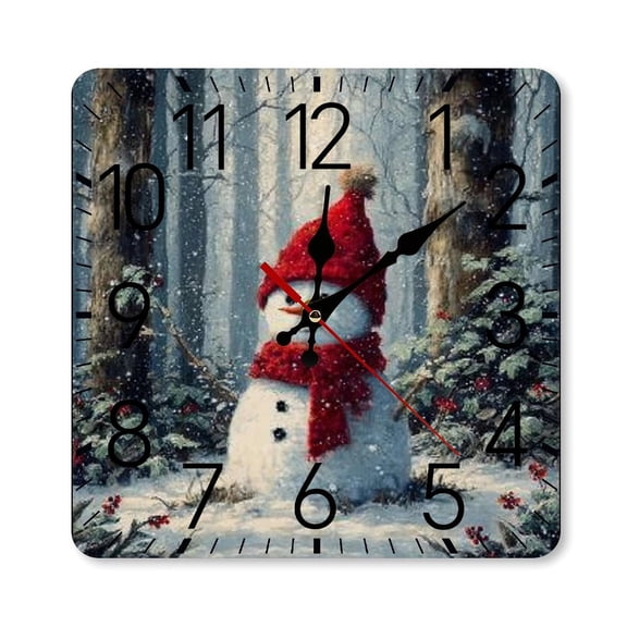 RKSupls 10×10inch Square Silent Wall Clock Wooden Frame, Snowman Forest Snow Scale Decorative Clock for Home Bedroom Living Room Office