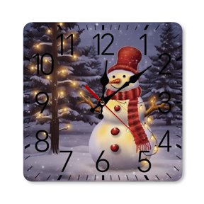 RKSupls 1010inch Square Silent Wall Clock Wooden Frame, Snowman String Lights Forest Scale Decorative Clock for Home Bedroom Living Room Office