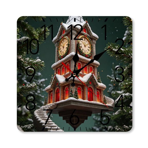 RKSupls 1010inch Square Silent Wall Clock Wooden Frame, Snowy Clock Tower Winter Night Scale Decorative Clock for Home Bedroom Living Room Office