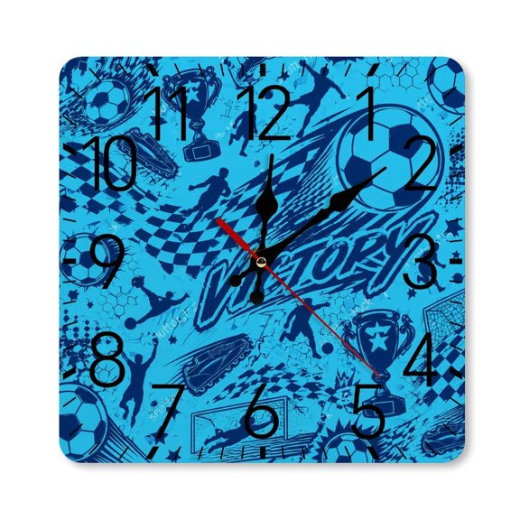 RKSupls 10×10inch Square Silent Wall Clock Wooden Frame, Soccer Victory Trophy Blue Scale Decorative Clock for Home Bedroom Living Room Office